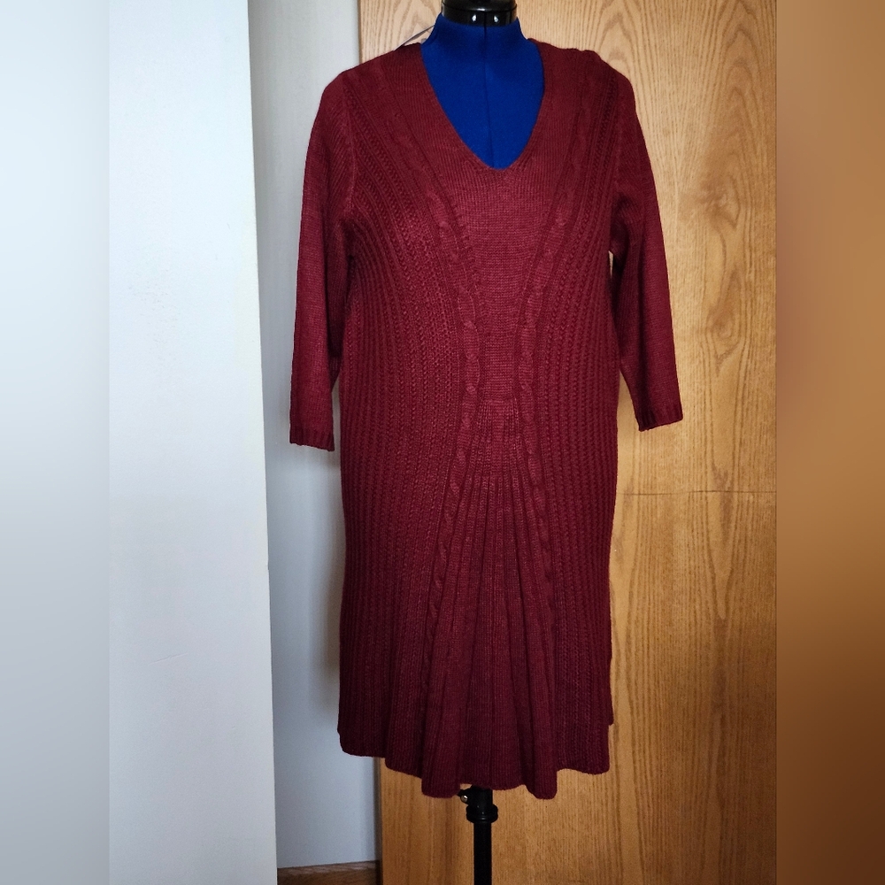 NWT New York Collection Cable Knit V Neck Dress in Deep Wine color Size 1X
